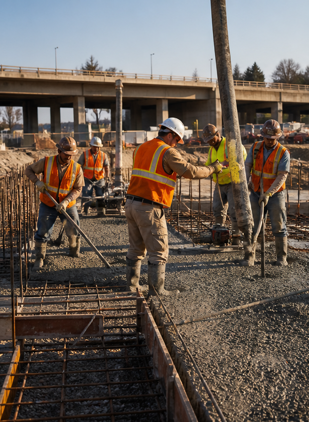 Concrete crew placing a large public infrastructure slab in an original presentation image