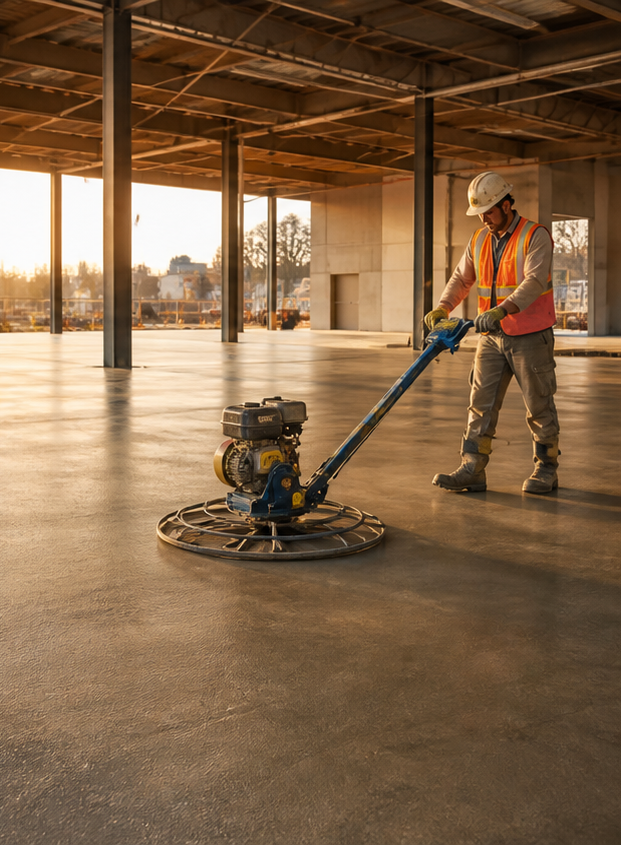 Concrete finisher working across a large commercial floor in an original presentation image